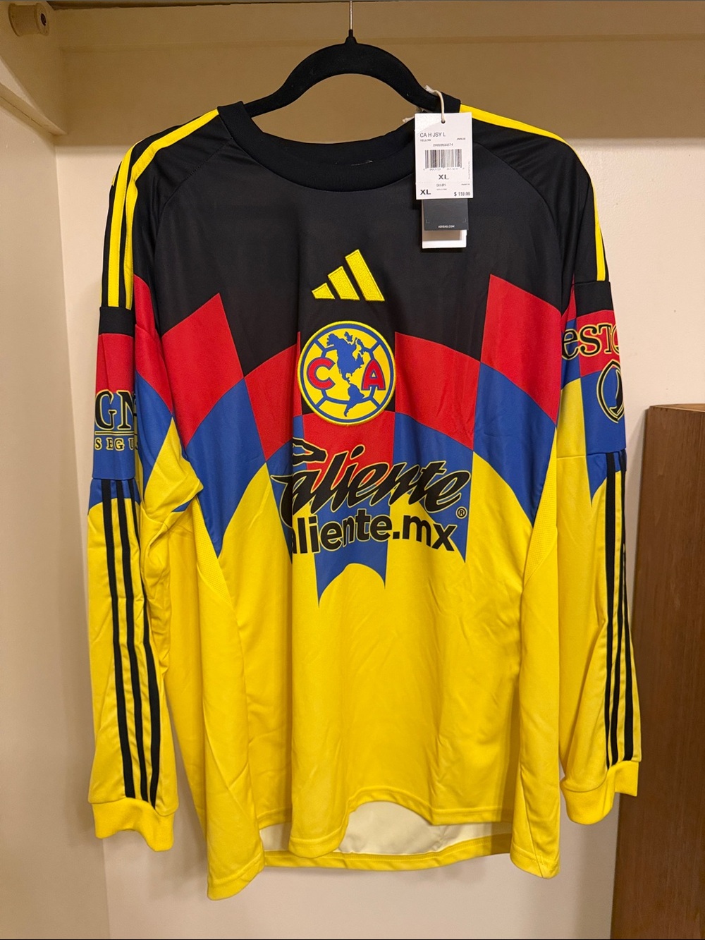 NWT adidas Yellow/Black/Blue/Red Club América Mexico Soccer Long-Sleeve Jersey